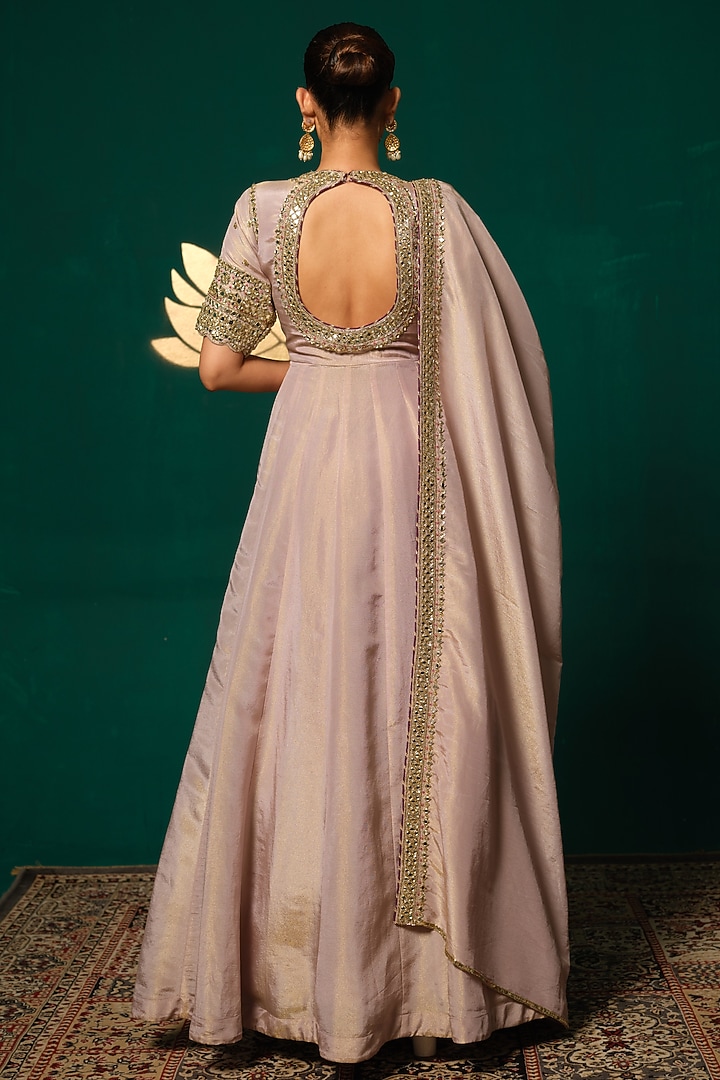 Purple Shimmer Tissue Zardosi Embroidered Angrakha Wedding Anarkali Set by Niloufer by Aasif Ally at Pernia's Pop Up Shop