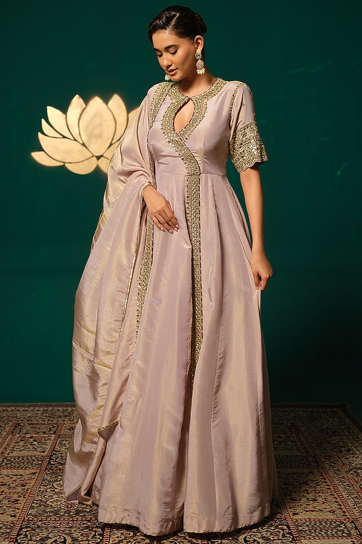 Purple Shimmer Tissue Zardosi Embroidered Angrakha Wedding Anarkali Set by Niloufer by Aasif Ally at Pernia's Pop Up Shop