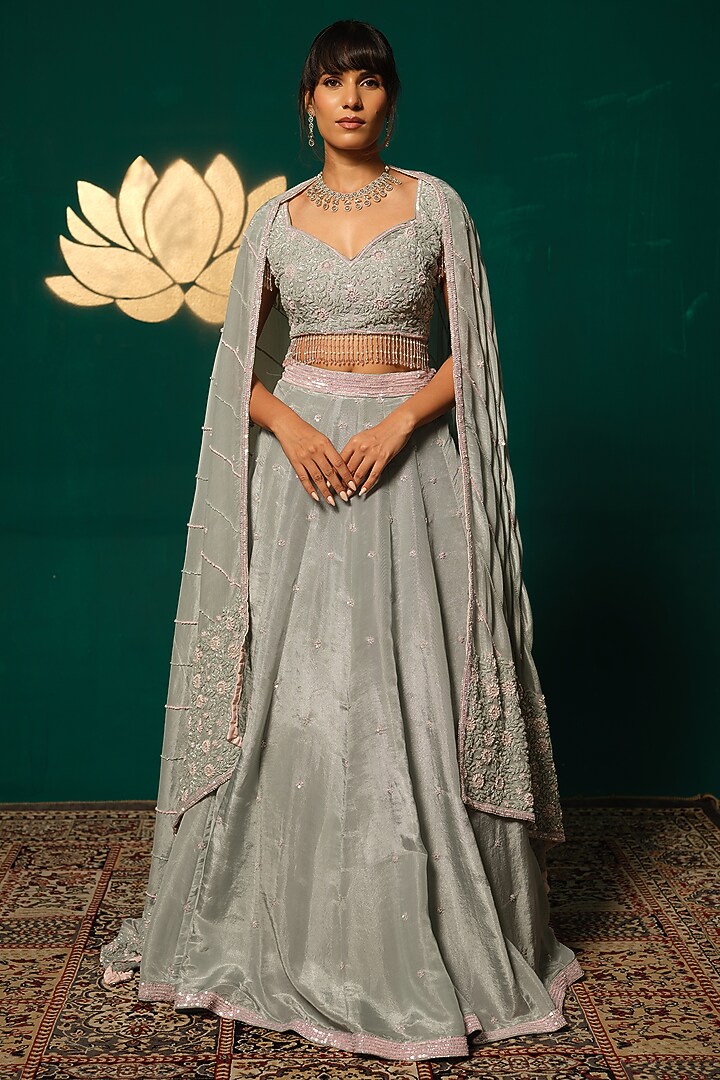 Grey Shimmer Tissue Jacket Wedding Lehenga Set by Niloufer by Aasif Ally at Pernia's Pop Up Shop