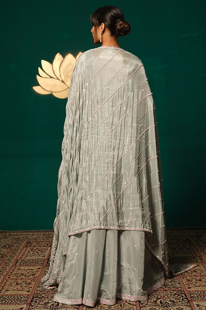 Grey Shimmer Tissue Jacket Wedding Lehenga Set by Niloufer by Aasif Ally at Pernia's Pop Up Shop