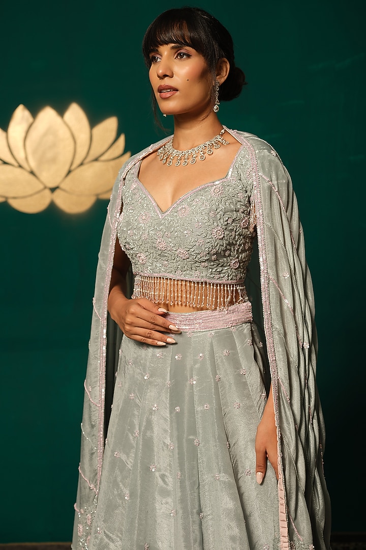 Grey Shimmer Tissue Jacket Wedding Lehenga Set by Niloufer by Aasif Ally at Pernia's Pop Up Shop