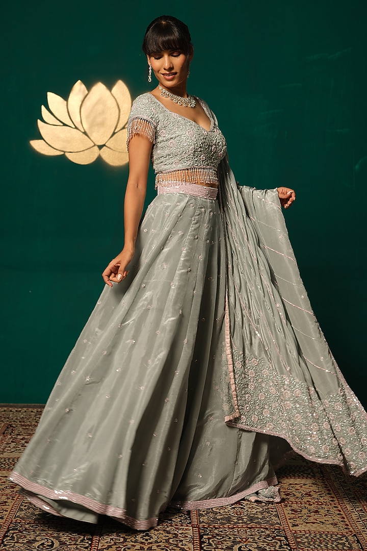 Grey Shimmer Tissue Jacket Wedding Lehenga Set by Niloufer by Aasif Ally at Pernia's Pop Up Shop