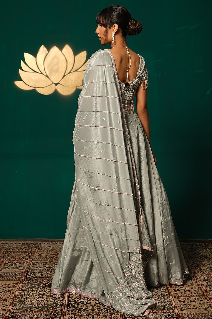 Grey Shimmer Tissue Jacket Wedding Lehenga Set by Niloufer by Aasif Ally at Pernia's Pop Up Shop