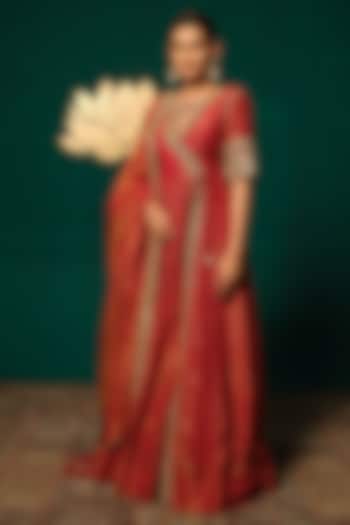 Red Shimmer Tissue Zardosi Embroidered Angrakha Wedding Anarkali Set by Niloufer by Aasif Ally at Pernia's Pop Up Shop