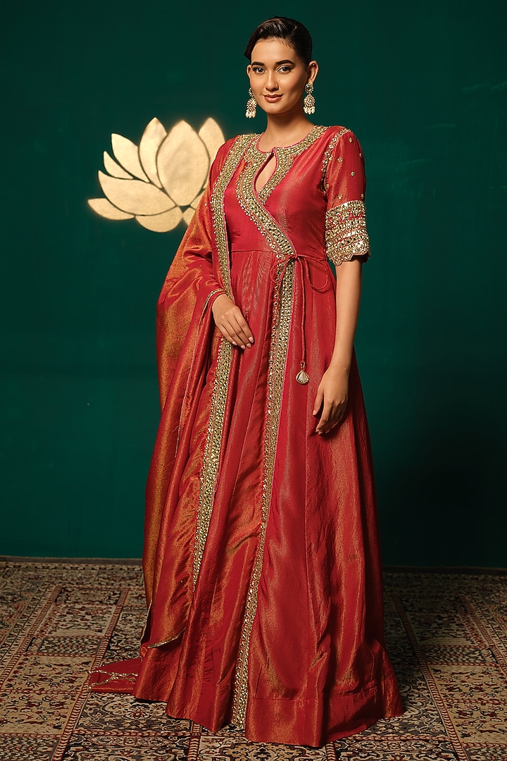 Red Shimmer Tissue Zardosi Embroidered Angrakha Wedding Anarkali Set by Niloufer by Aasif Ally at Pernia's Pop Up Shop