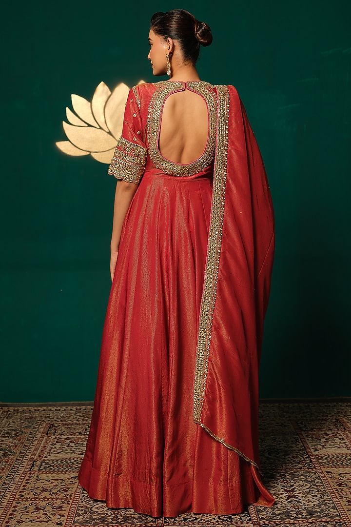 Red Shimmer Tissue Zardosi Embroidered Angrakha Wedding Anarkali Set by Niloufer by Aasif Ally at Pernia's Pop Up Shop