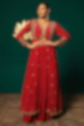 Red Crepe Jacket Wedding Lehenga Set by Niloufer by Aasif Ally at Pernia's Pop Up Shop