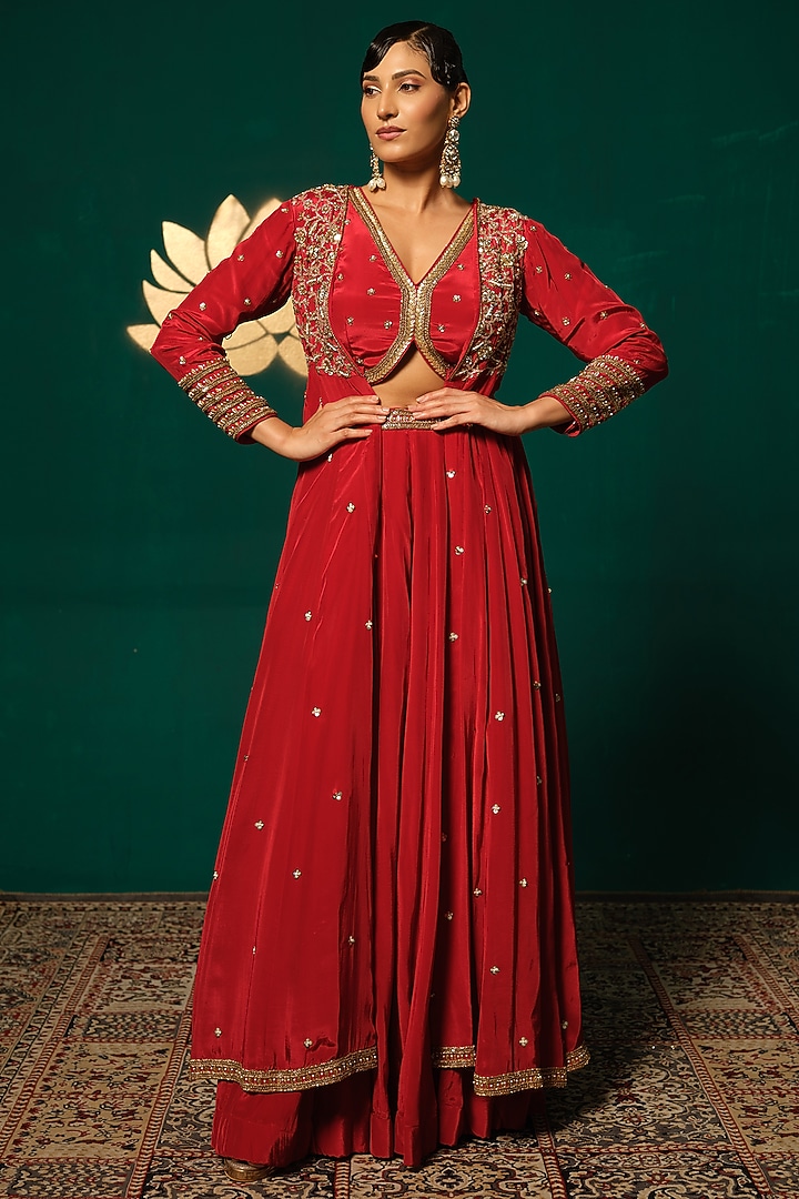 Red Crepe Jacket Wedding Lehenga Set by Niloufer by Aasif Ally at Pernia's Pop Up Shop
