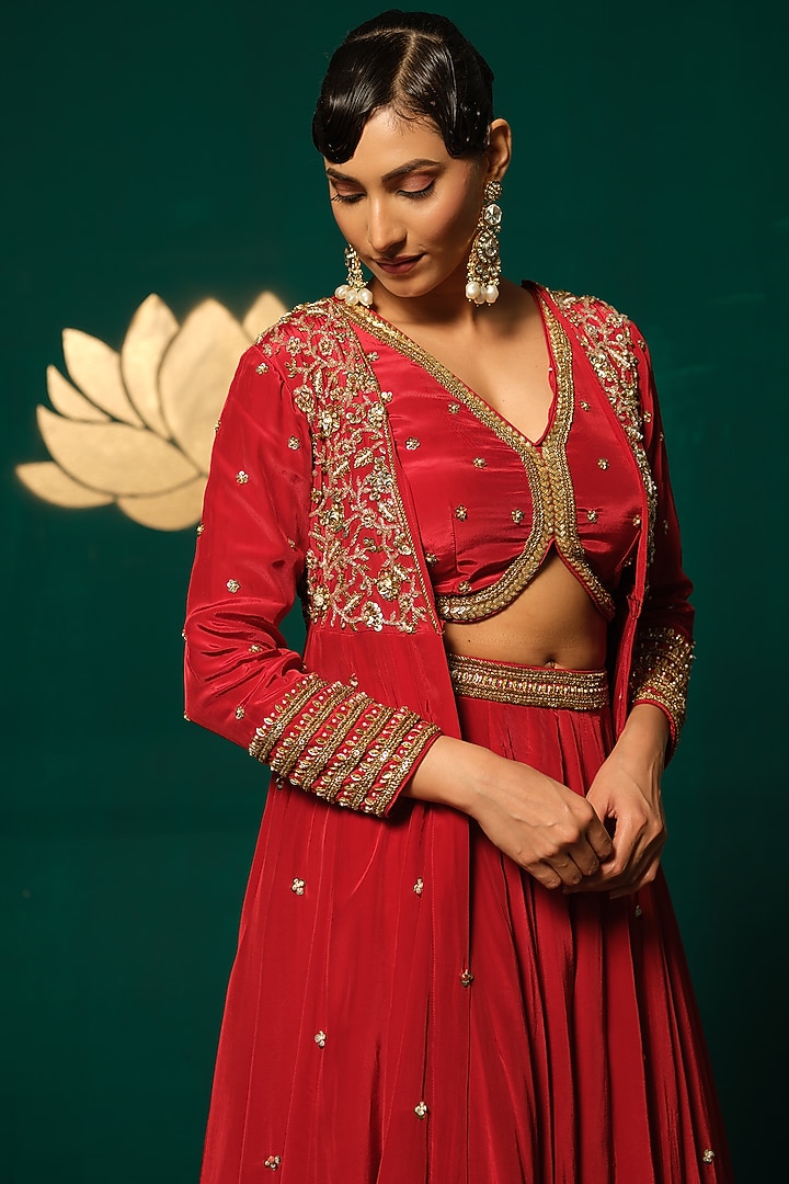 Red Crepe Jacket Wedding Lehenga Set by Niloufer by Aasif Ally at Pernia's Pop Up Shop