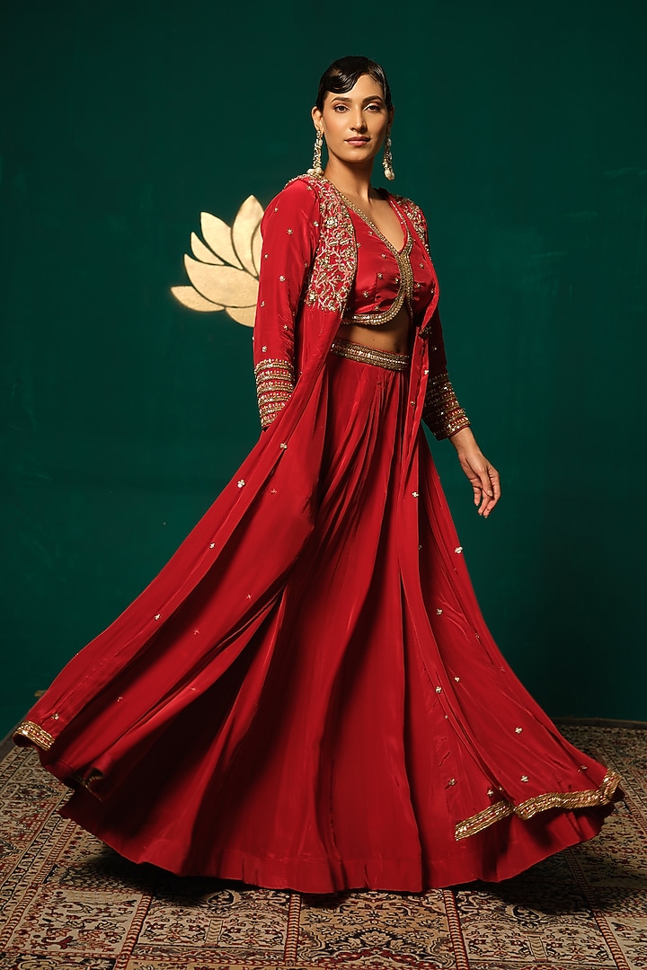 Red Crepe Jacket Wedding Lehenga Set by Niloufer by Aasif Ally at Pernia's Pop Up Shop