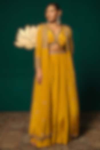 Yellow Crepe Jacket Wedding Lehenga Set by Niloufer by Aasif Ally at Pernia's Pop Up Shop