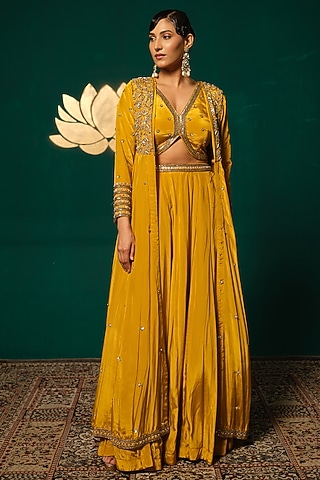Yellow Crepe Jacket Lehenga Set by Niloufer by Aasif Ally