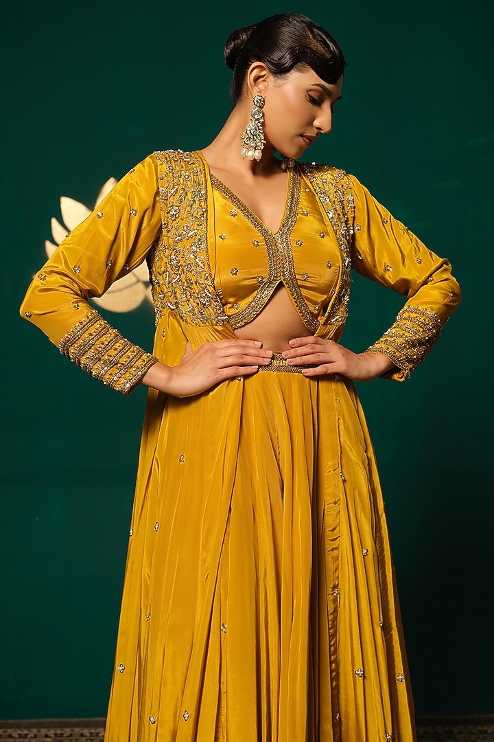 Yellow Crepe Jacket Wedding Lehenga Set by Niloufer by Aasif Ally at Pernia's Pop Up Shop