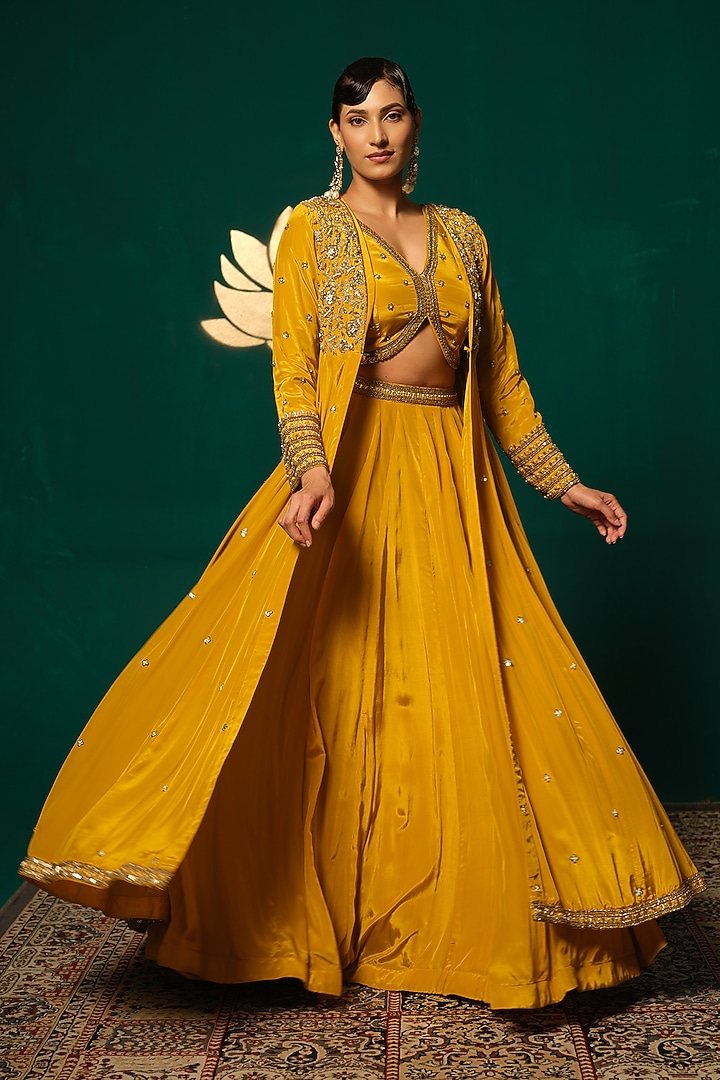 Yellow Crepe Jacket Wedding Lehenga Set by Niloufer by Aasif Ally at Pernia's Pop Up Shop