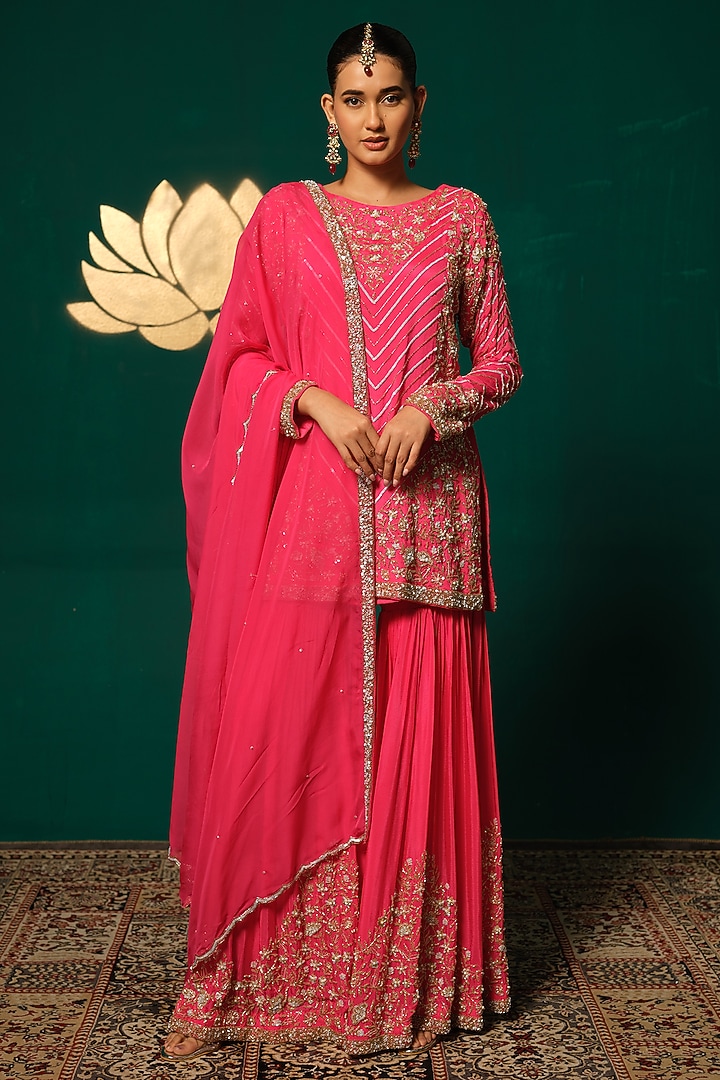 Pink Chinon Sequin Hand Embellished Wedding Sharara Set by Niloufer by Aasif Ally at Pernia's Pop Up Shop