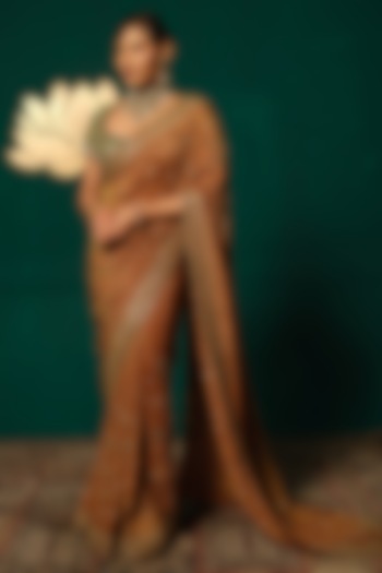 Rust Brown Shimmer Tissue Zardosi Embellished Bridal Saree Set by Niloufer by Aasif Ally at Pernia's Pop Up Shop