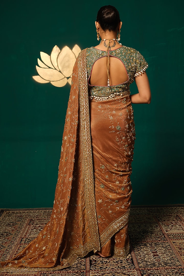 Rust Brown Shimmer Tissue Zardosi Embellished Bridal Saree Set by Niloufer by Aasif Ally at Pernia's Pop Up Shop