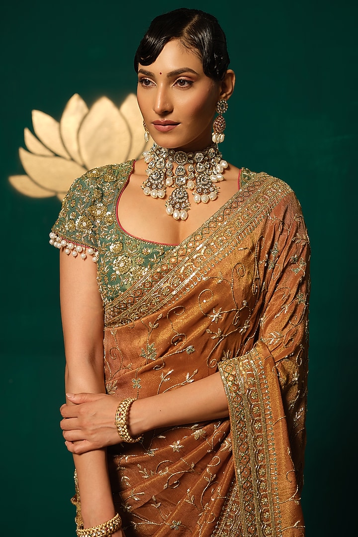Rust Brown Shimmer Tissue Zardosi Embellished Bridal Saree Set by Niloufer by Aasif Ally at Pernia's Pop Up Shop