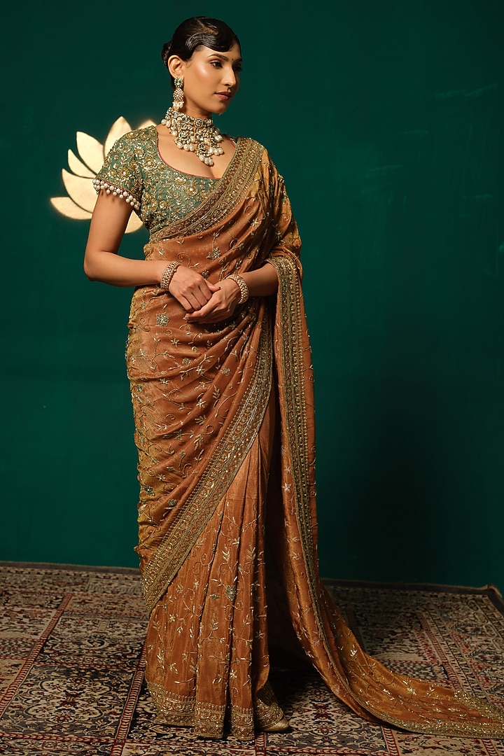 Rust Brown Shimmer Tissue Zardosi Embellished Bridal Saree Set by Niloufer by Aasif Ally at Pernia's Pop Up Shop