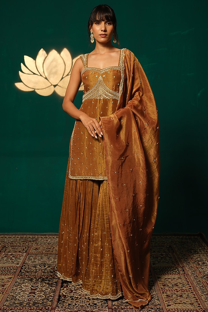 Rustic Orange Shimmer Tissue Sequin Embellished Wedding Sharara Set by Niloufer by Aasif Ally at Pernia's Pop Up Shop