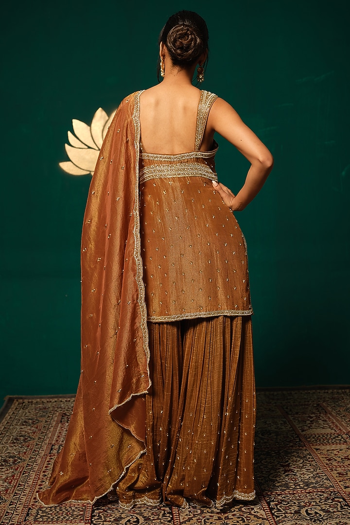 Rustic Orange Shimmer Tissue Sequin Embellished Wedding Sharara Set by Niloufer by Aasif Ally at Pernia's Pop Up Shop