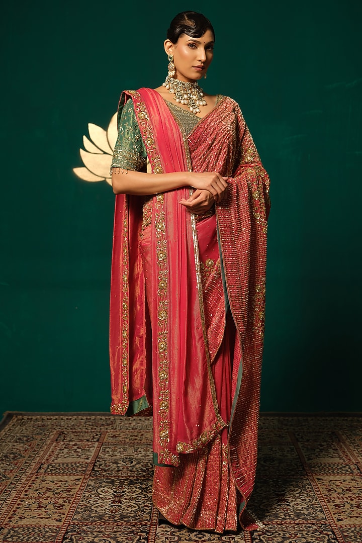 Pink Shimmer Tissue Sequin Embellished Reception Saree Set by Niloufer by Aasif Ally at Pernia's Pop Up Shop