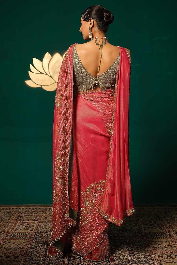 Pink Shimmer Tissue Sequin Embellished Reception Saree Set by Niloufer by Aasif Ally at Pernia's Pop Up Shop