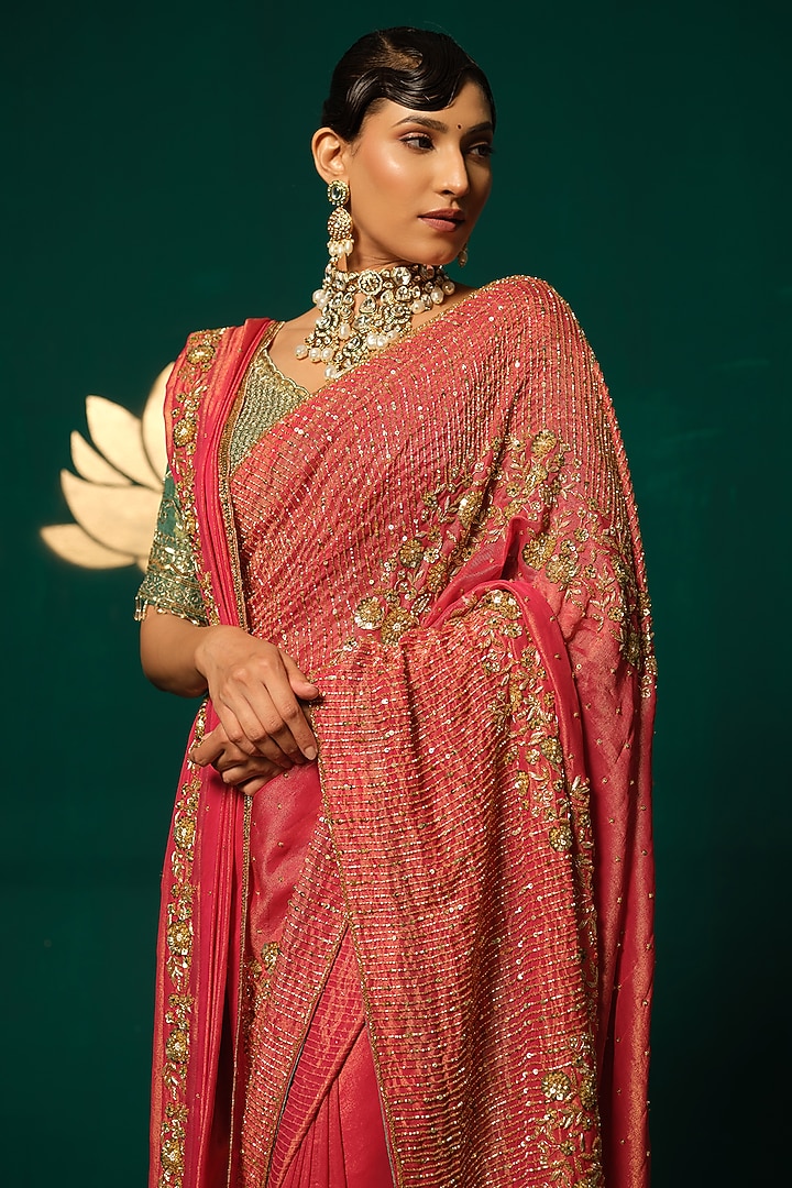 Pink Shimmer Tissue Sequin Embellished Reception Saree Set by Niloufer by Aasif Ally at Pernia's Pop Up Shop