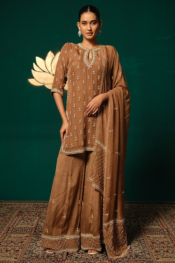 Golden Tissue Sequin Embellished Wedding Sharara Set by Niloufer by Aasif Ally at Pernia's Pop Up Shop