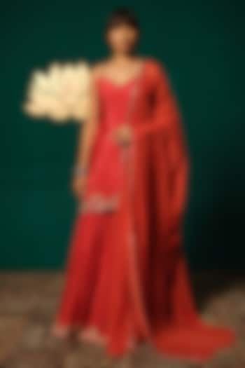 Red Chinon Sequin Hand Embellished Wedding Sharara Set by Niloufer by Aasif Ally at Pernia's Pop Up Shop