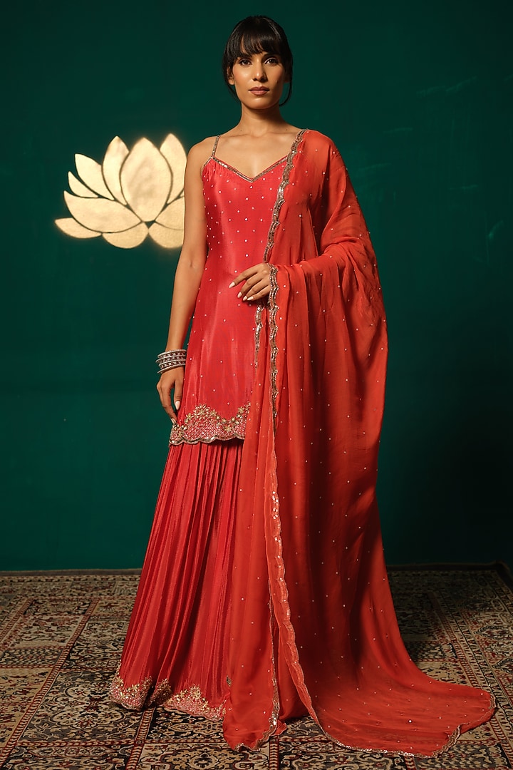 Red Chinon Sequin Hand Embellished Wedding Sharara Set by Niloufer by Aasif Ally at Pernia's Pop Up Shop