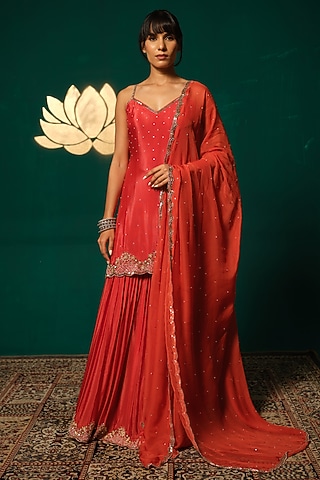 Red Chinon Sequin Hand Embellished Sharara Set by Niloufer by Aasif Ally
