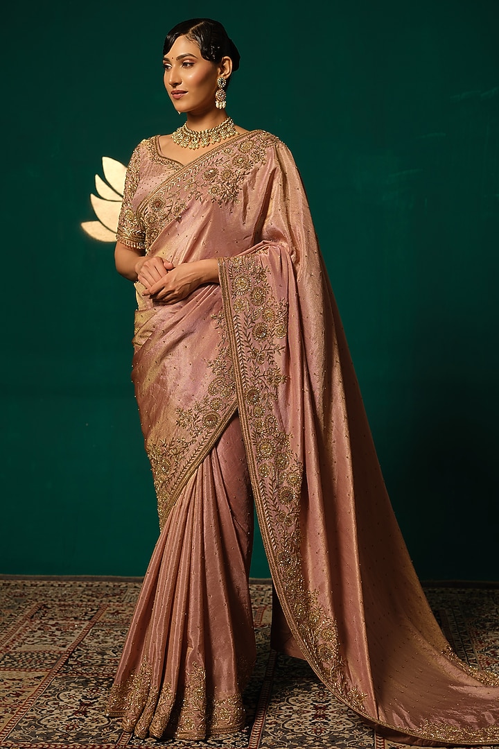 Rose Gold Shimmer Tissue Zardosi Embellished Wedding Saree Set by Niloufer by Aasif Ally at Pernia's Pop Up Shop
