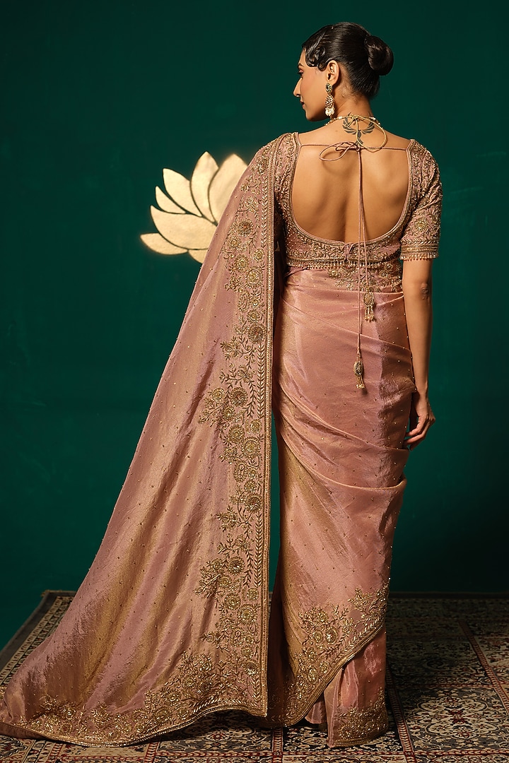 Rose Gold Shimmer Tissue Zardosi Embellished Reception Saree Set by Niloufer by Aasif Ally at Pernia's Pop Up Shop