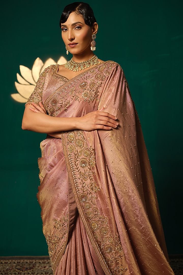 Rose Gold Shimmer Tissue Zardosi Embellished Reception Saree Set by Niloufer by Aasif Ally at Pernia's Pop Up Shop