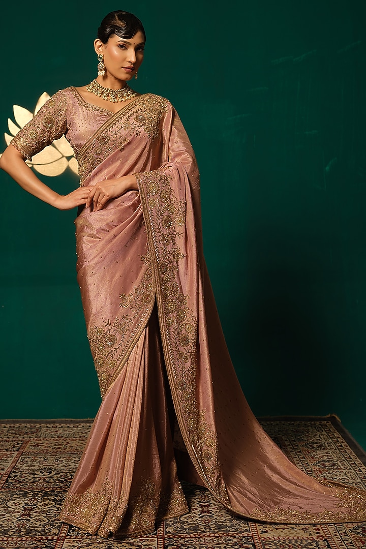 Rose Gold Shimmer Tissue Zardosi Embellished Reception Saree Set by Niloufer by Aasif Ally at Pernia's Pop Up Shop