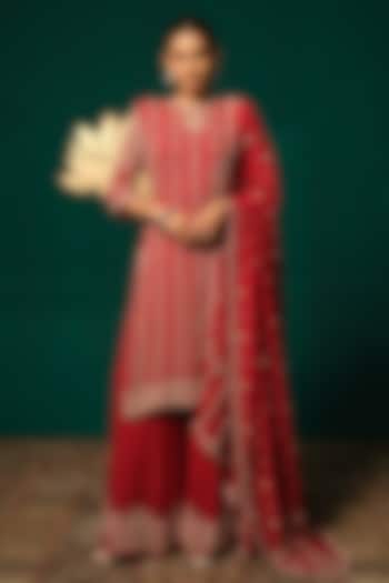 Red Chinon Zardosi Embellished Wedding Sharara Set by Niloufer by Aasif Ally at Pernia's Pop Up Shop