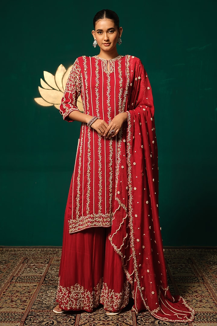 Red Chinon Zardosi Embellished Wedding Sharara Set by Niloufer by Aasif Ally at Pernia's Pop Up Shop