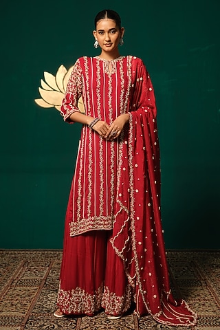 Red Chinon Zardosi Embellished Sharara Set by Niloufer by Aasif Ally
