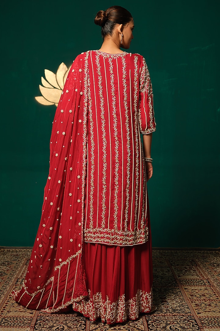 Red Chinon Zardosi Embellished Bridal Sharara Set by Niloufer by Aasif Ally at Pernia's Pop Up Shop