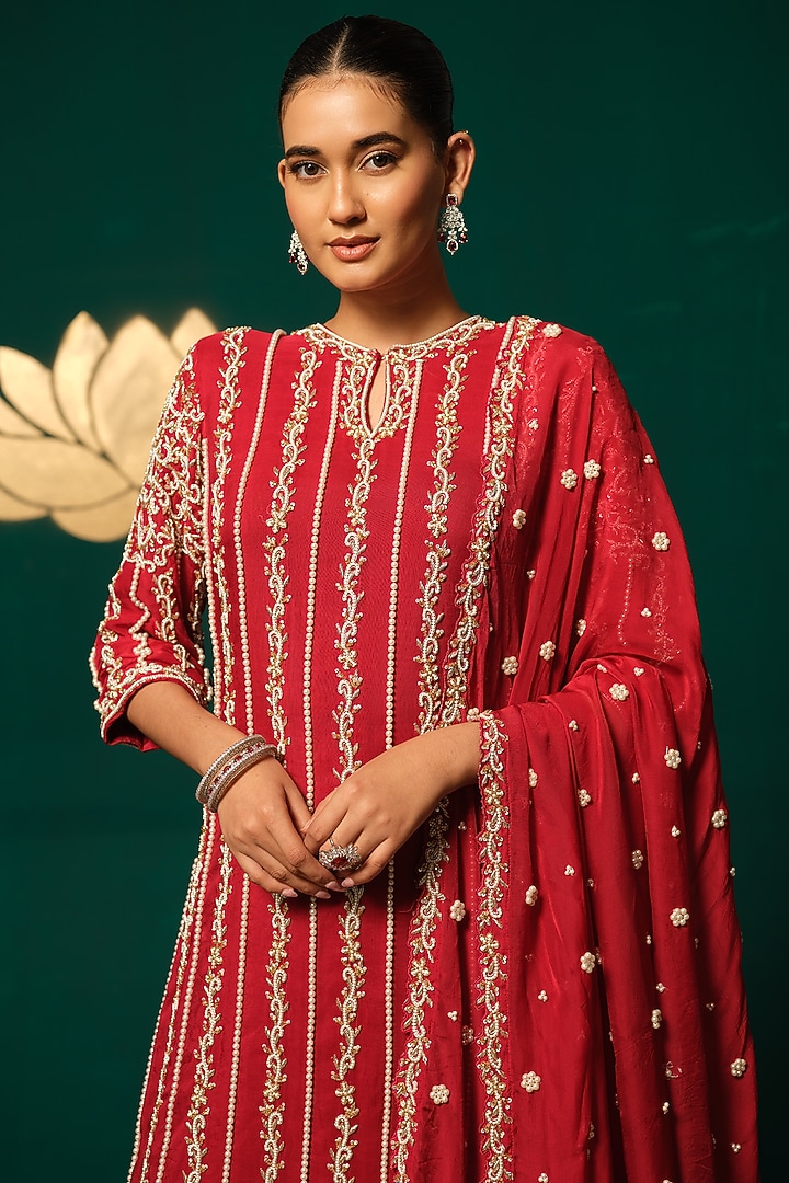 Red Chinon Zardosi Embellished Bridal Sharara Set by Niloufer by Aasif Ally at Pernia's Pop Up Shop
