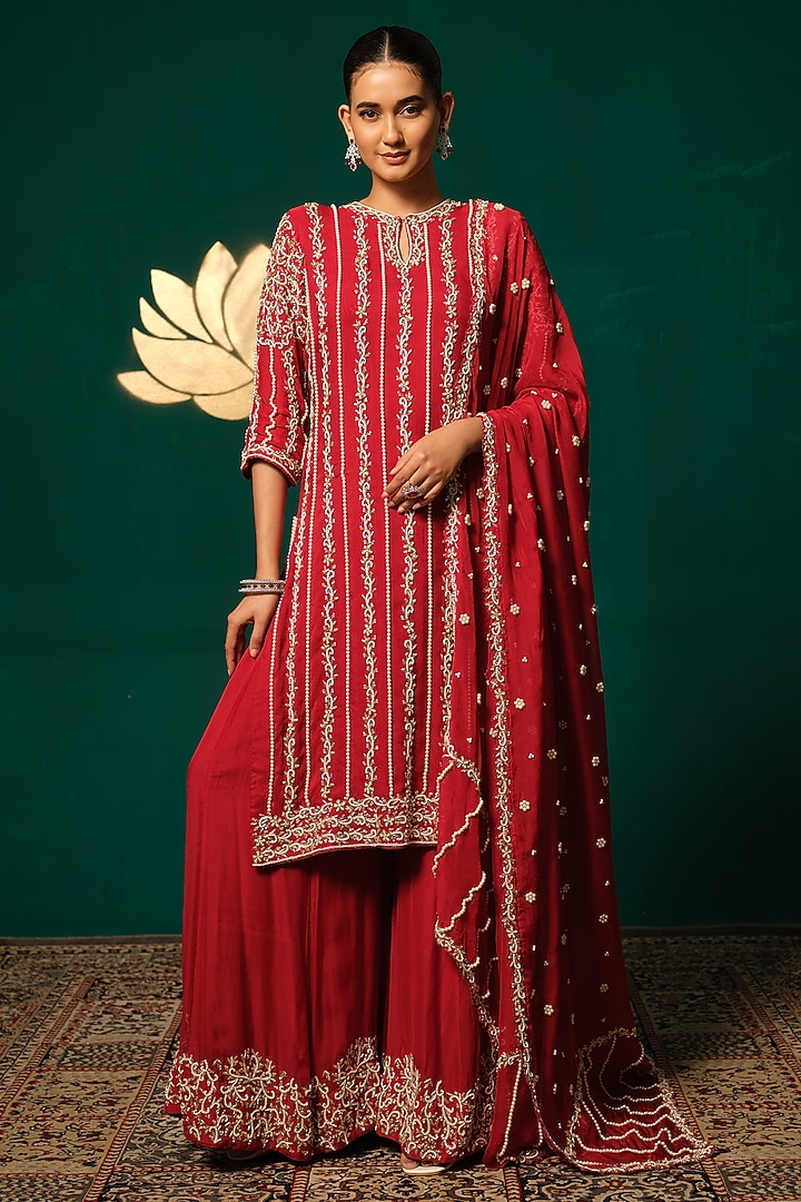 Red Chinon Zardosi Embellished Bridal Sharara Set by Niloufer by Aasif Ally at Pernia's Pop Up Shop
