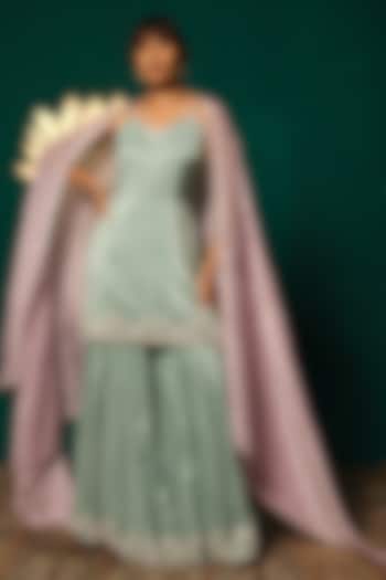 Blue Shimmer Tissue Sequin Embellished Wedding Sharara Set by Niloufer by Aasif Ally at Pernia's Pop Up Shop