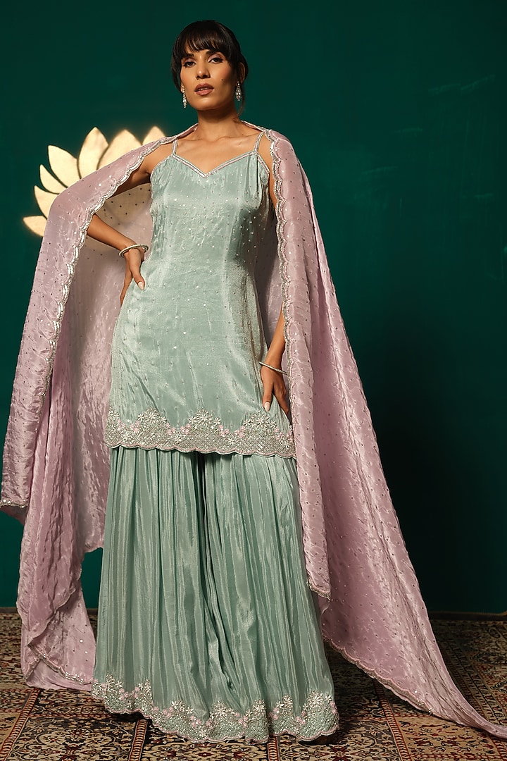 Blue Shimmer Tissue Sequin Embellished Wedding Sharara Set by Niloufer by Aasif Ally at Pernia's Pop Up Shop