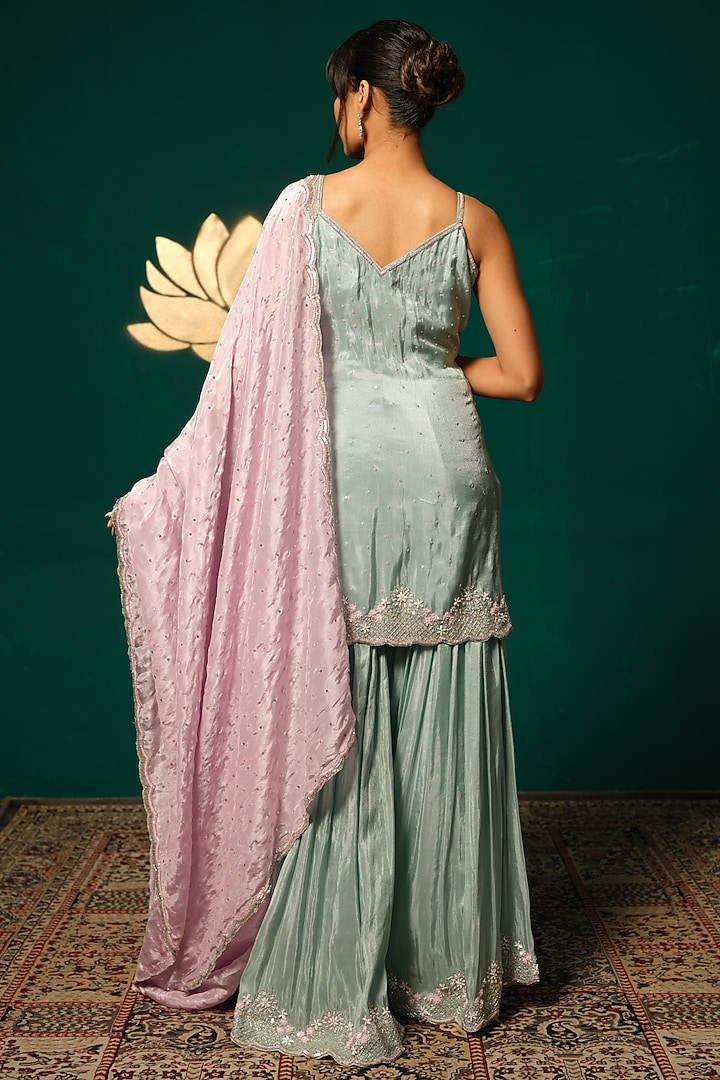 Blue Shimmer Tissue Sequin Embellished Wedding Sharara Set by Niloufer by Aasif Ally at Pernia's Pop Up Shop