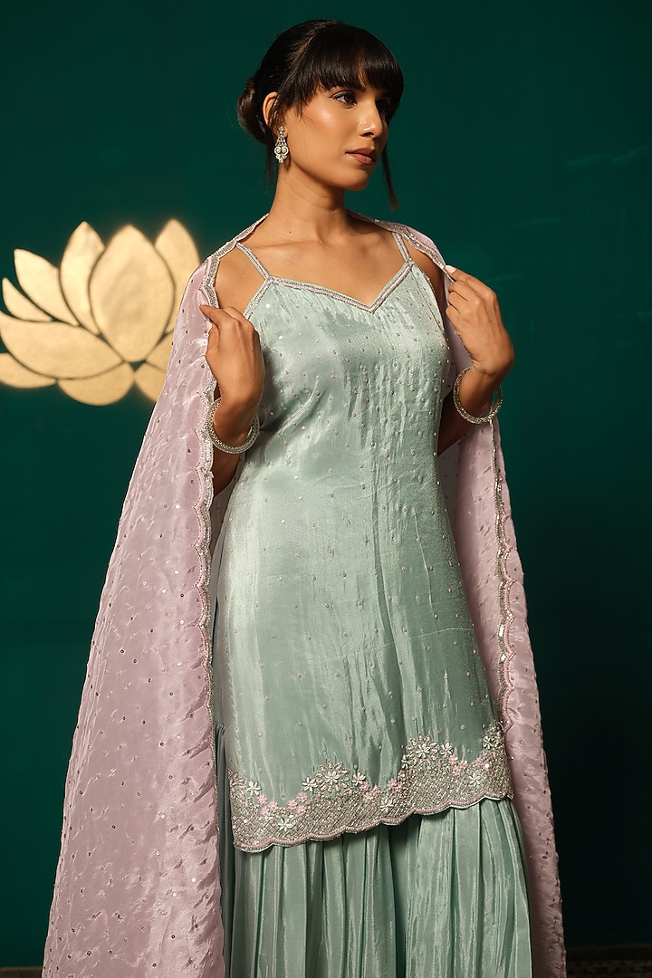 Blue Shimmer Tissue Sequin Embellished Wedding Sharara Set by Niloufer by Aasif Ally at Pernia's Pop Up Shop