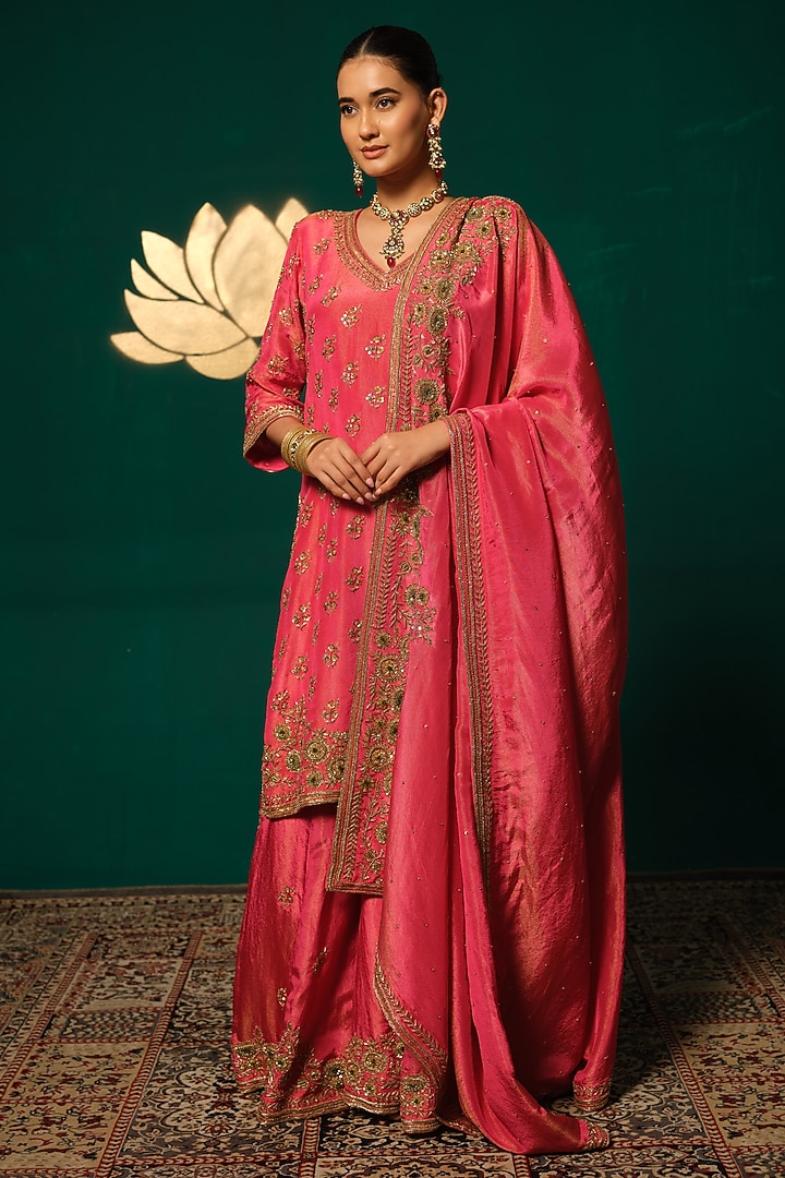 Pink Shimmer Tissue Sequin Embellished Bridal Sharara Set by Niloufer by Aasif Ally at Pernia's Pop Up Shop