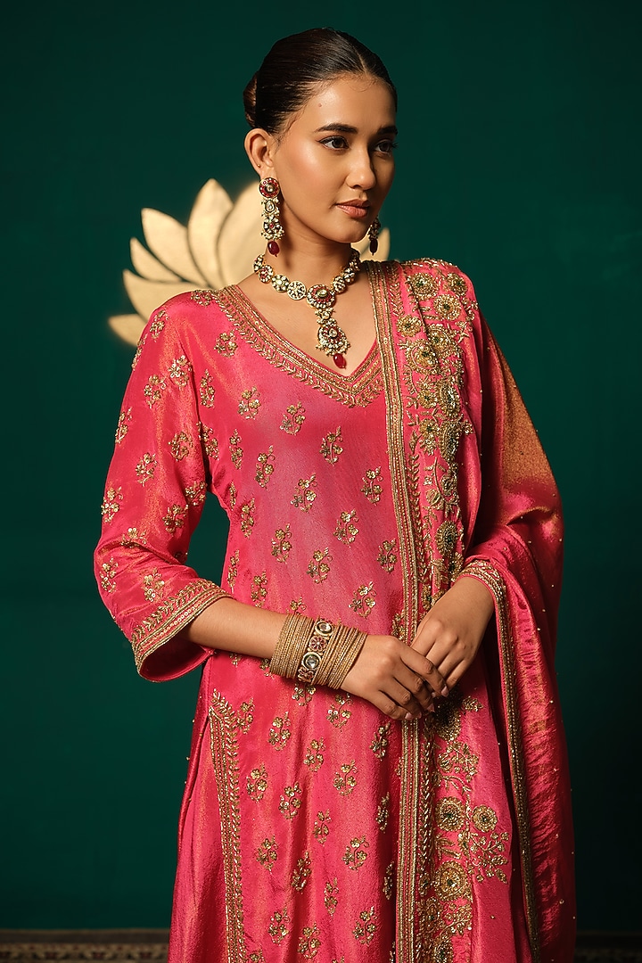 Pink Shimmer Tissue Sequin Embellished Bridal Sharara Set by Niloufer by Aasif Ally at Pernia's Pop Up Shop