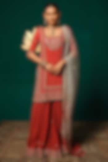 Red Chinon Sequin Embellished Wedding Sharara Set by Niloufer by Aasif Ally at Pernia's Pop Up Shop