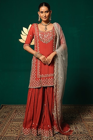 Red Chinon Sequin Embellished Sharara Set by Niloufer by Aasif Ally